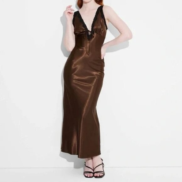 Vintage Dresses & Skirts - wild fable brown black lace trim v neck maxi dress fairy gnome grunge ecogoth